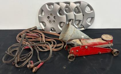 Automotive Tool Lot: 4x 15" Wheel Covers, 1.5 Ton Jack, 2 Booster Cables, Large Metal Funnel