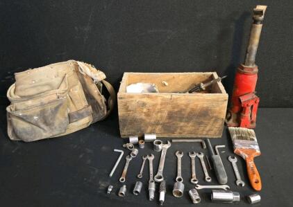 Mixed Tool Lot: Canvas Belt, Red Hydraulic Bottle Jack, Wrenches, Sockets, Hardware, Wood Box