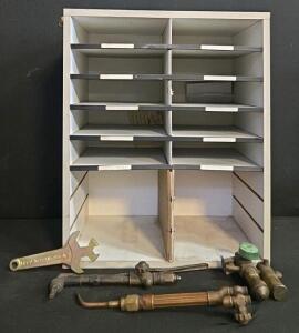 Industrial Maintenance Lot: Torch Parts, MECO Tank Wrench, Norgren Air Regulator, Storage Cabinet