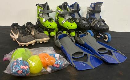 Youth Sports Lot Nike Cleats Size 6.5, Avigo Quad Skates, RD Inline Skates, Fins, Balls