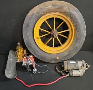 Vintage Goodyear Spoke Wheel, Schauer 6/12V Charger, Jack, Starter, Metal Fender &ndash; 5pc Lot