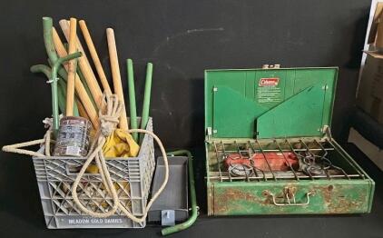 Vintage Coleman 2-Burner Camp Stove with Accessories, Green, Steel, Classic Design, Worn Condition