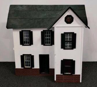 Wooden 1:12 Scale Colonial Dollhouse, 5 Rooms, Green Gable Roof, Assembled, Blue Bench