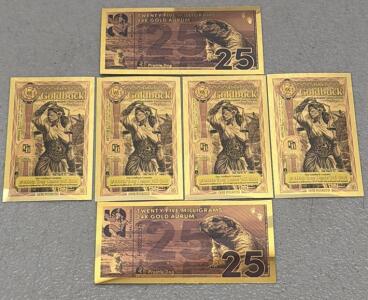 (4) Idaho 25 Goldbacks 2026 - 24k Gold Aurum Note, Lady Justice Design, Serial C734450636 + (2) Gold Notes
