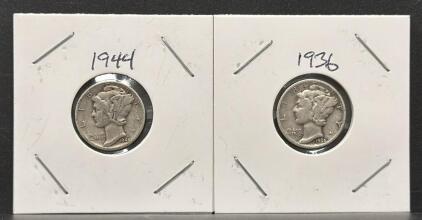 1936 & 1944 Mercury Dimes &ndash; 90% Silver Vintage U.S. Coins, Circulated, Liberty Winged Head
