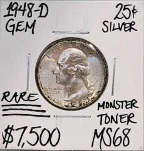1948-D Washington Quarter, Silver, MS68 Gem, Monster Toner, Rare, 25&cent;, Denver Mint