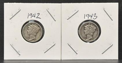 1942-S and 1943-D Mercury Dimes, 90% Silver, U.S. 10&cent; Coins, Circulated, Adolph Weinman Design