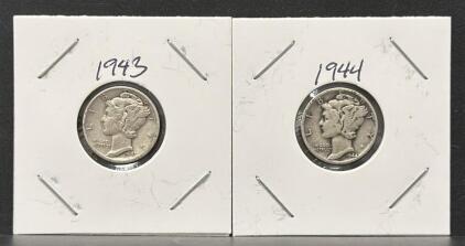 1943 & 1944 S Mercury Dimes, 90% Silver, Winged Liberty Head, San Francisco Mint