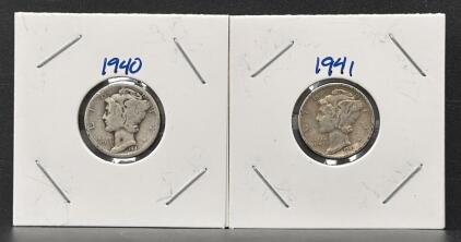 1940 & 1941 Mercury Dimes, 90% Silver, Circulated, Philadelphia and San Francisco Mint
