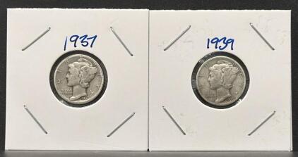 1937 & 1939 Mercury Dimes, 90% Silver, Circulated, Winged Liberty Head, Lot of 2 Coins