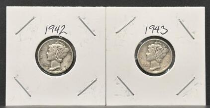 1942-D & 1943-D Mercury Dimes - 90% Silver, Denver Mint, Pair in Holders