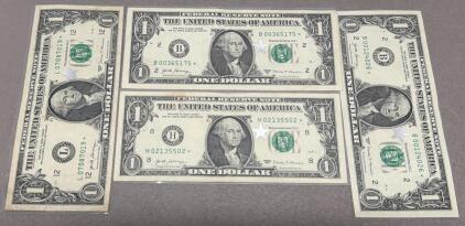 2017 $1 Federal Reserve Star Notes &ndash; 4 Notes: B00365175*, H02135502*, L07087019*, B00124026*