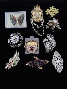 Vintage Costume Jewelry Brooch Lot &ndash; Butterfly, Floral, Rhinestone, Enamel, Boxed Piece (10 pcs)