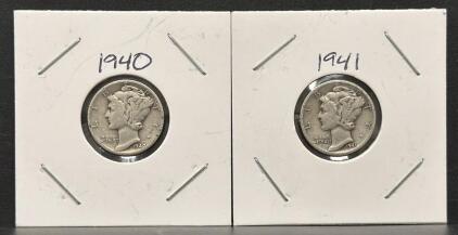 1940 & 1941 Mercury Dimes, 90% Silver, Philadelphia and Denver Mint, Circulated Condition