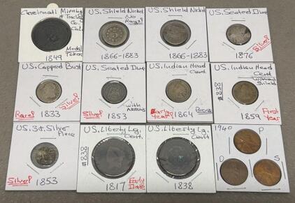 Early US Coin Lot: Large Cent, Indian Head, Shield Nickel, Seated/Capped Dime, Medal, 1817&ndash;1940