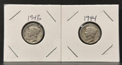 1943-S & 1944 Mercury Dimes, 90% Silver, San Francisco & Philadelphia Mints, Circulated