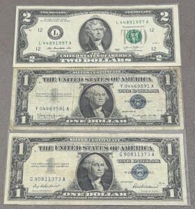 1957 & 1957B $1 Silver Certificates with Blue Seal, 2013 $2 Bill Green Seal, Three Note Lot