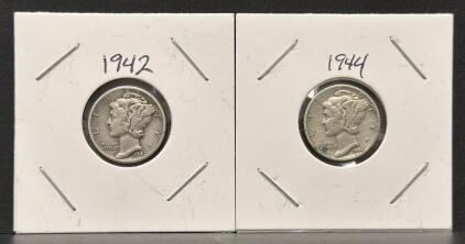 1942 & 1944 Mercury Dimes, 90% Silver, Circulated Coins - Winged Liberty Head, Philadelphia Mint