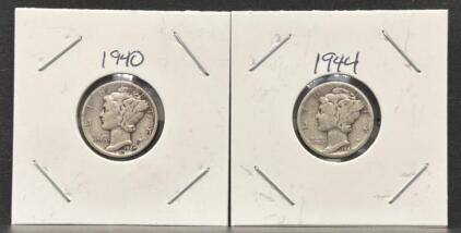 1940 & 1944-S Mercury Dimes, 90% Silver, U.S. 10&cent; Coins by Adolph Weinman