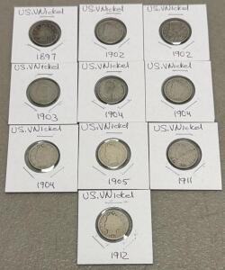 Liberty Head "V" Nickel 10-Coin Lot, 1897&ndash;1912, 5 Cent U.S. Coins, All in 2x2 Holders