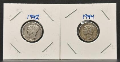 1942 and 1944 Mercury Dimes - 90% Silver, Winged Liberty Head U.S. Coins, Circulated WWII Era
