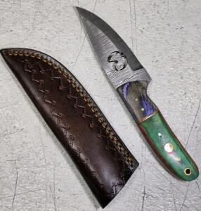 Custom Fixed-Blade Knife with Patterned Steel Blade and Laminated Wood Handle