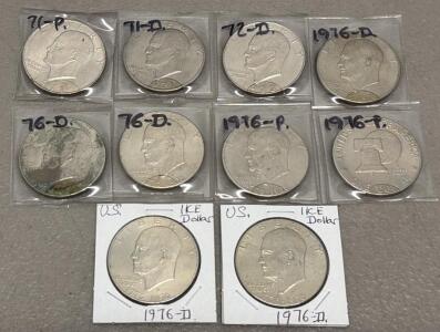 Lot of 10 Eisenhower Ike Dollars &ndash; 1971, 1972, 1976 D & P Mints, Circulated, Bicentennial Types