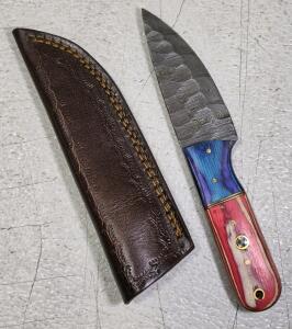 Custom Damascus Steel Fixed-Blade Knife with Red, White, and Blue Handle and Leather Sheath