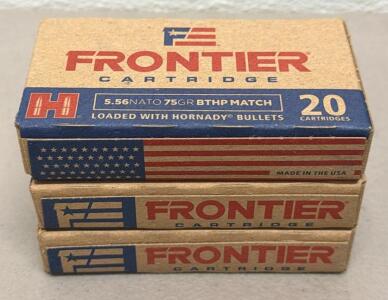 (60) Rounds Of Frontier 5.56 NATO Ammunition, 75gr BTHP Match & 55gr FMJ, 20rd Boxes, Hornady Bullets, USA