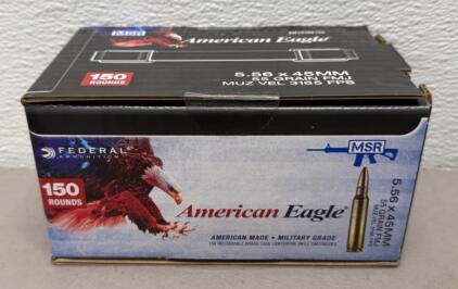 Federal American Eagle 5.56x45mm NATO 55 Grain FMJ, 150 Rounds, Brass Case, XM193BK150
