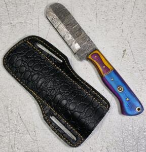 Custom Damascus Steel Cleaver Knife &ndash; Blue/Purple/Yellow Wood Handle, Leather Sheath, Mosaic Pin