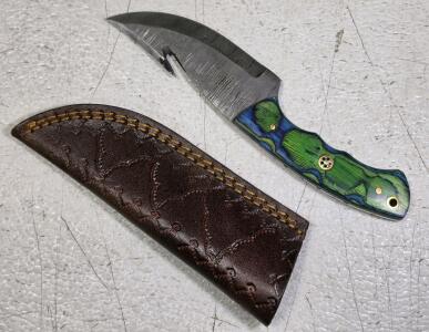 Custom Fixed Blade Hunting Knife Gut Hook, Green/Blue Wood Handle, Leather Sheath