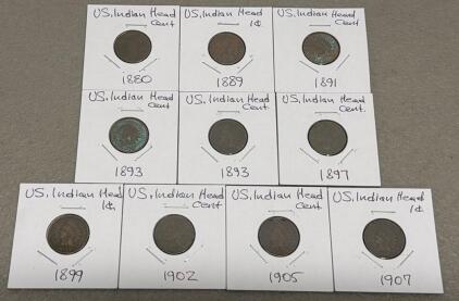 Indian Head Cents Collection: 1880, 1889, 1891, 1893, 1897, 1899, 1902, 1905, 1907