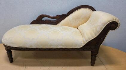 Miniature Victorian Swan Carved Chaise Lounge Sample, 27" Long, Cream Damask Upholstery