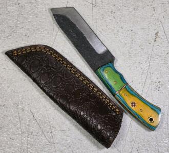 Custom Full Tang Tanto Knife, Mosaic Pin, Multicolor Wood Handle, Leather Sheath, 4" Blade