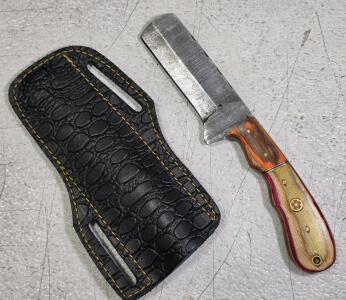 Handmade Damascus Steel Cleaver Knife, Custom Multi-Wood Handle, Full Tang, Leather Sheath