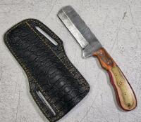 Handmade Damascus Steel Cleaver Knife, Custom Multi-Wood Handle, Full Tang, Leather Sheath