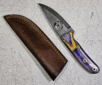 Custom Damascus Fixed-Blade Knife &ndash; Mosaic Pin, Dyed Wood Handle, Leather Sheath, Drop Point