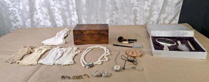 (1) 3-Piece Silverplated Dresser Set & (1) Wooden Trinket Box W/ Assorted Vintage Accessories
