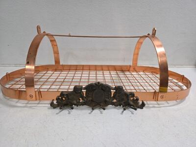 Copper Hanging Pot Rack with Cast Iron Cherub Detail, 8 Hooks, Ceiling Mount, Includes Chains
