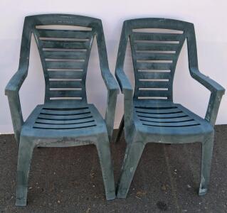 Set of 2 Outdoor Plastic Chairs, Green, Stackable, Armrests