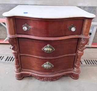 Antique Rococo Revival Marble-Top Nightstand, 3 Drawer, Ornate Carved Wood, Brass & Crystal Handles