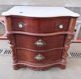 Antique Rococo Revival Marble-Top Nightstand, 3 Drawer, Ornate Carved Wood, Brass & Crystal Handles