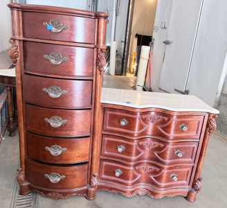 Ornate Vintage Dresser Set with 6-Drawer Highboy & 3-Drawer Marble Top Chest, Carved Wood