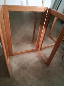 Tri-Fold Vanity Mirror, Oak Wood Frame, Light Stain