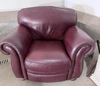 Burgundy Leather Armchair with Rolled Arms and Nailhead Trim