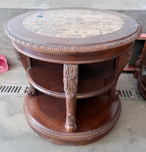 Round Traditional Accent Table, Faux Marble Inset Top, 28"x25", 2 Shelves, Ornate Carved Wood