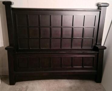 Wooden Panel Bed Frame with Prominent Posts, Dark Cherry Finish, Full/Queen Size