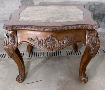Ornate Victorian Style Wood End Table with Faux Marble Top, 28"x28"x24", Carved Details