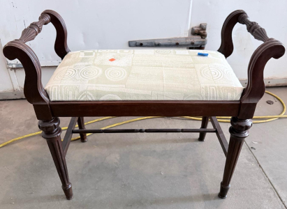 Vintage Upholstered Wooden Bench with Turned Legs and Scrolled Armrests
